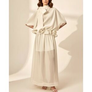 MISS ROSIER Honorine Oversized Bow Ruffle Maxi Dress, Cream, Medium